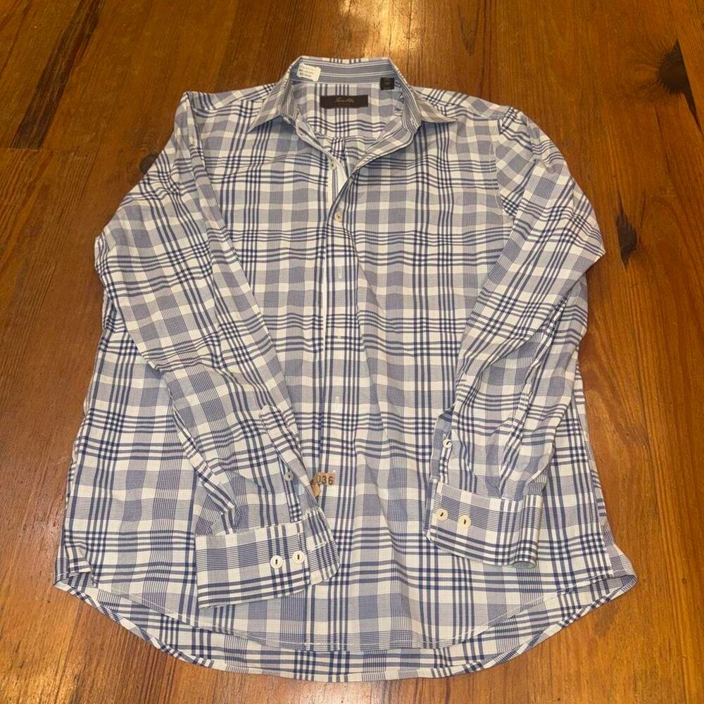 Tasso Elba Fitted Blue White Plaid Button Up Shirt Men’s Medium
